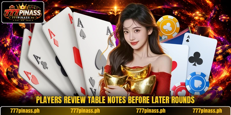 Players review table notes before later rounds Players review table notes before later rounds